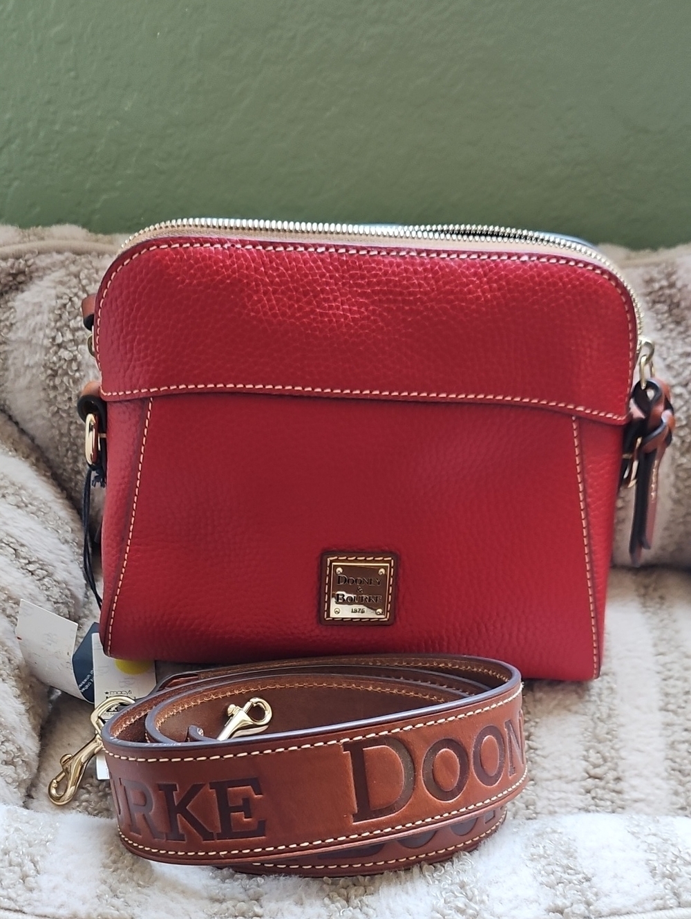 Dooney & Bourke Red Pebbled Leather Crossbody with Logo-Embossed Guiyar Strap